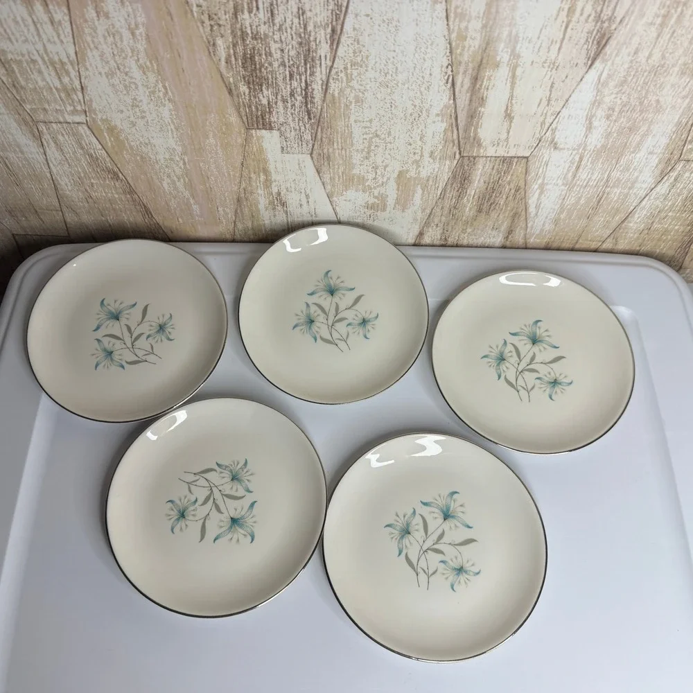 Homer Laughlin Triumph Cynthia Bread Butter Plates Set 5 Blue Floral Silver Trim